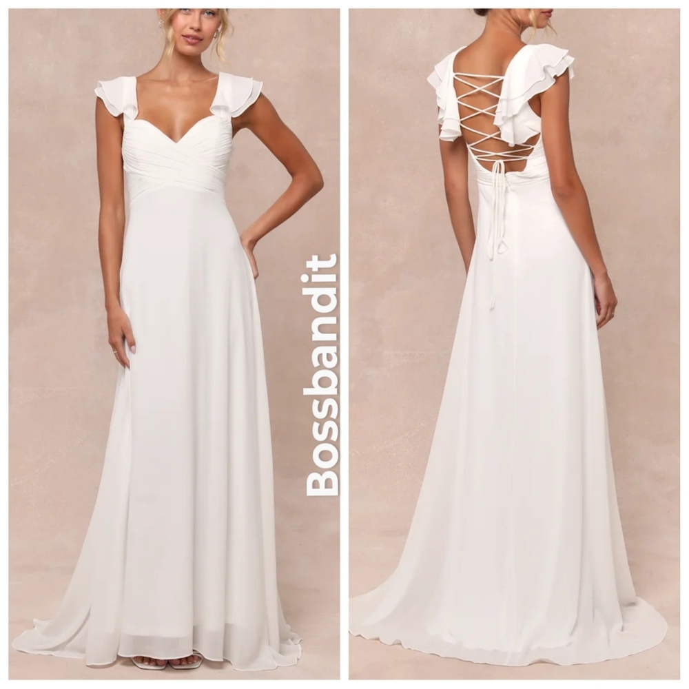 Lulus Heavenly Romance Maxi Dress | Lace-Up Back | Flutter Sleeves | Size S